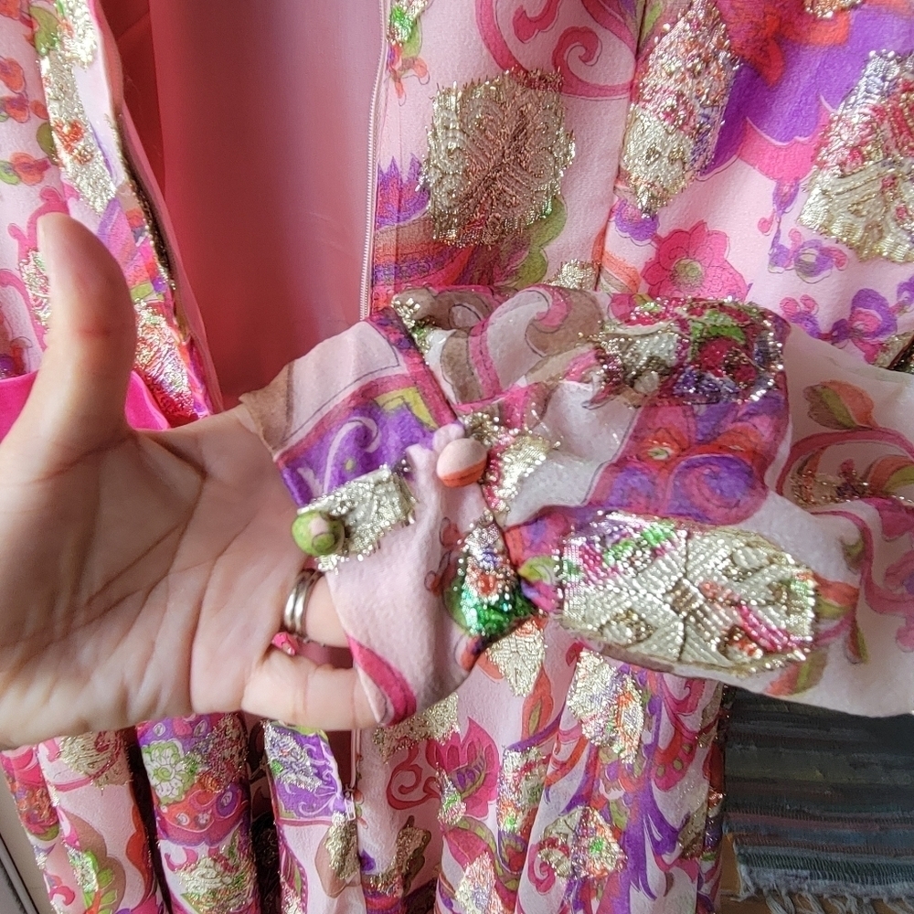 Vintage Handmade Custome Japanese Asian Pink Gold Flowering Long Dress Pink Bow - Picture 8 of 15
